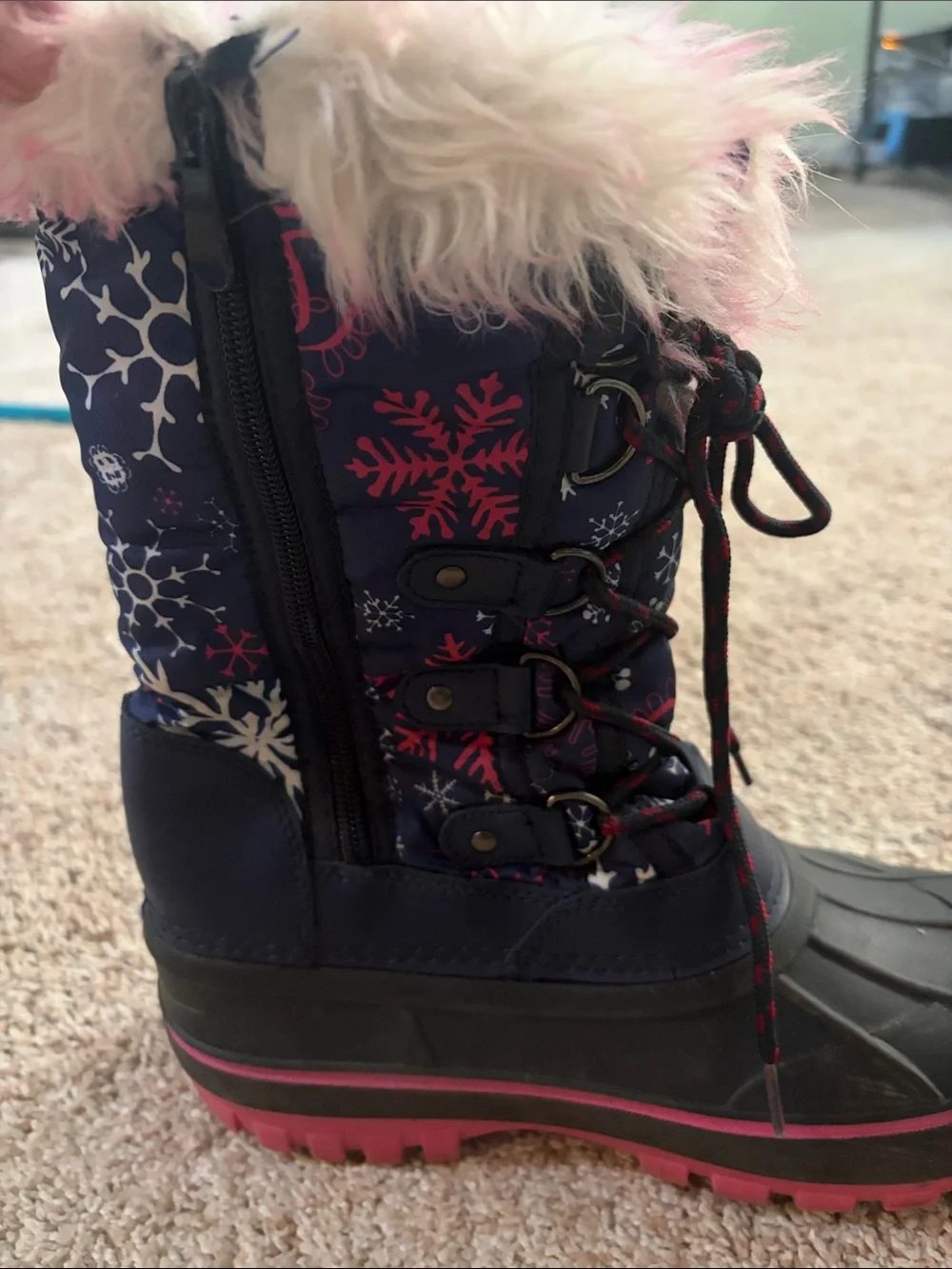 Kids Navy and Pink Winter Snow Boots with Faux Fur